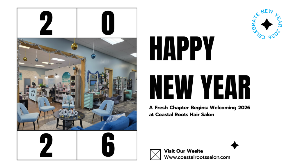 Interior of Coastal Roots Hair Salon decorated for New Year 2026, featuring modern salon chairs, product displays, and a welcoming lounge space in Chesapeake, Virginia.