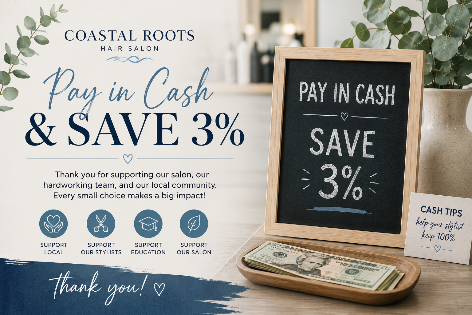 Promotional banner for Coastal Roots Hair Salon featuring a “Pay in Cash & Save 3%” message with a salon-inspired setup including a chalkboard sign, cash tray, eucalyptus decor, and information about supporting local businesses and hairstylists.