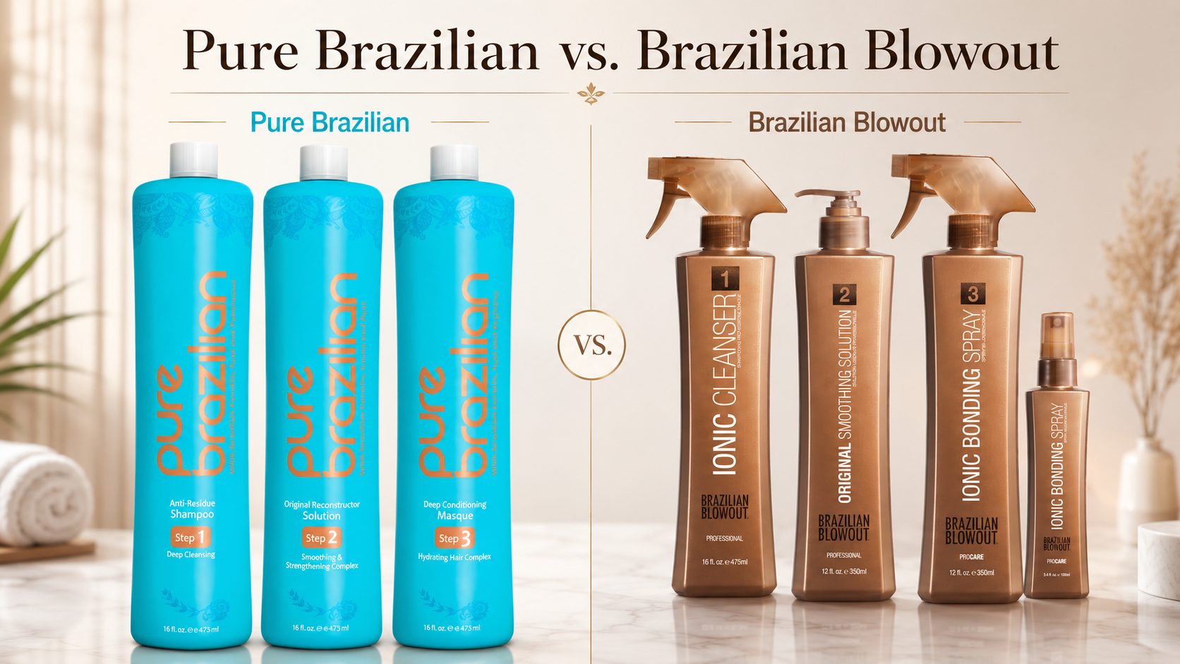 Pure Brazilian vs Brazilian Blowout smoothing treatment comparison at Coastal Roots Hair Salon in Chesapeake VA