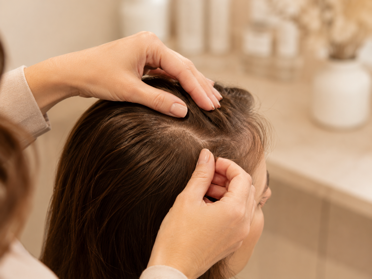 Stylist examining a client's hair and scalp